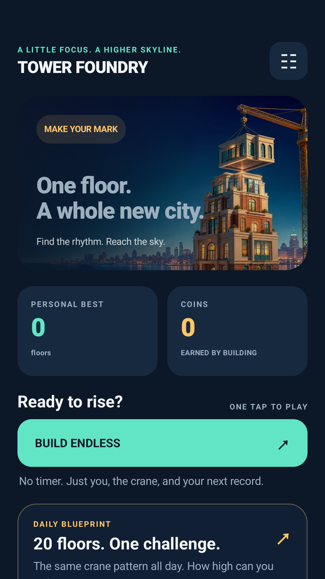Главный экран собственной Android-игры TowerFoundry